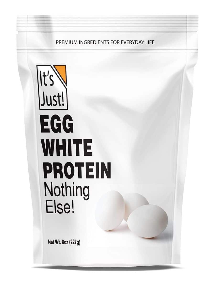 A large white bag of It's Just! Egg protein featuring a photo of three eggs.