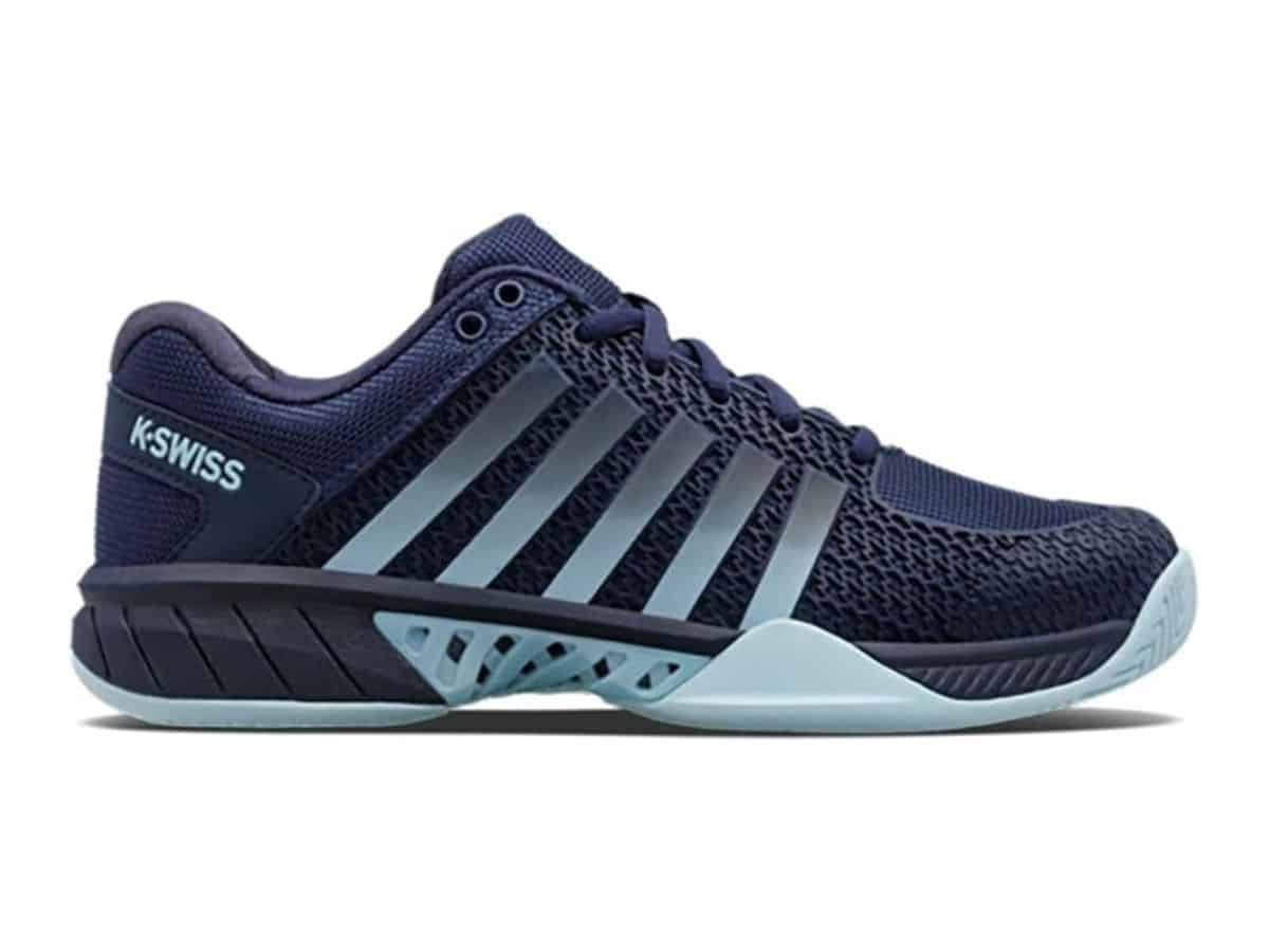 A pair of navy blue K-Swiss pickleball shoes with light blue stripes and sole.