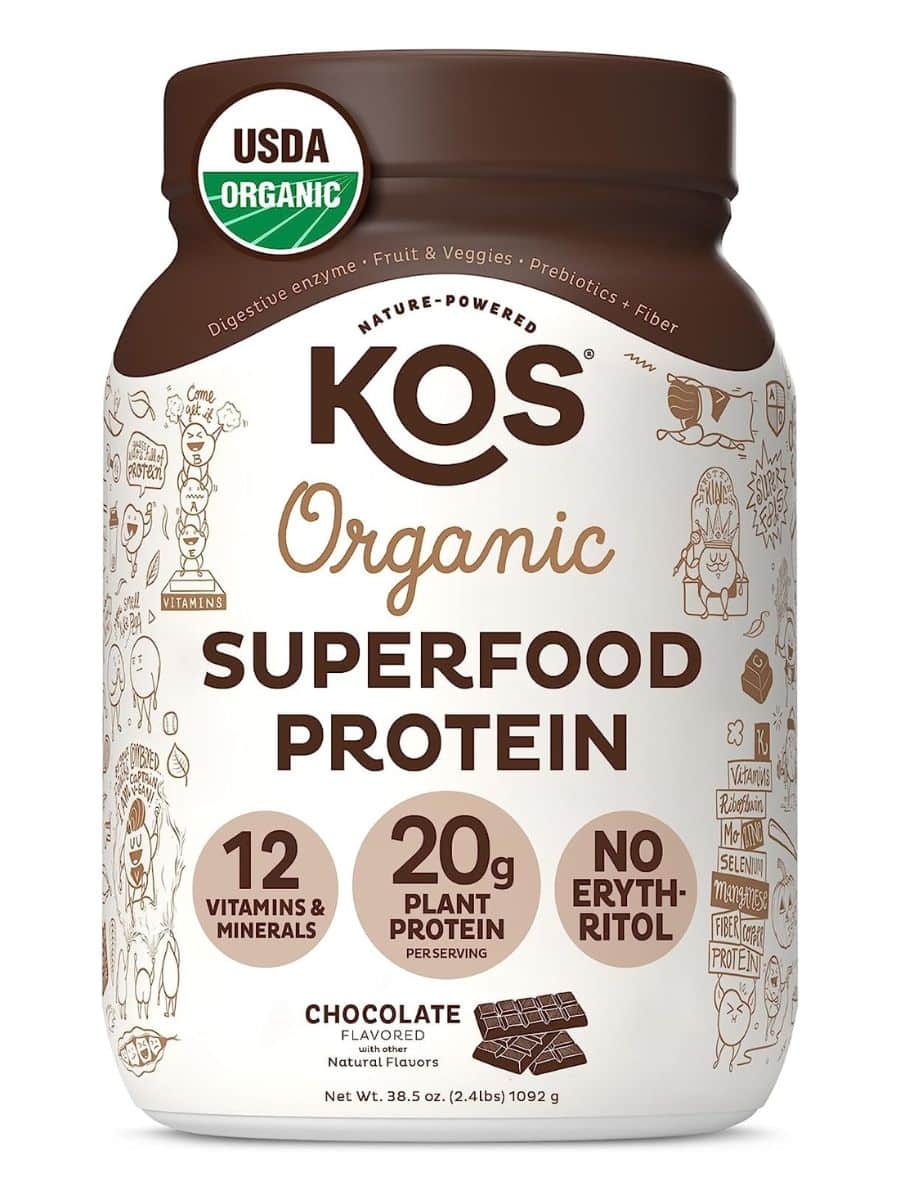 A large container of Kos Vegan protein powder with a brown lid.