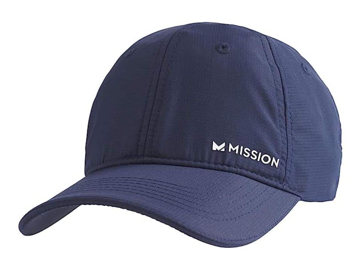 A blue MISSION cooling performance hat.