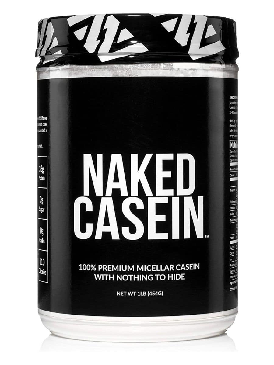 A large, round, black container of Naked Casein protein powder.
