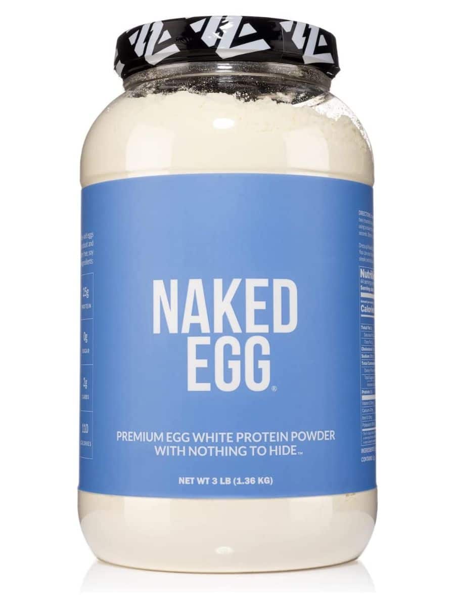 A large container of Naked Egg protein powder with a light blue label.