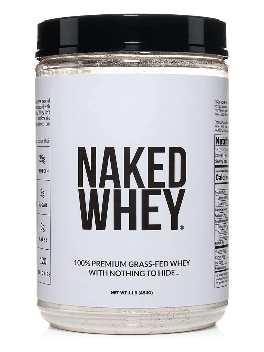 A large white container of Naked Whey protein.