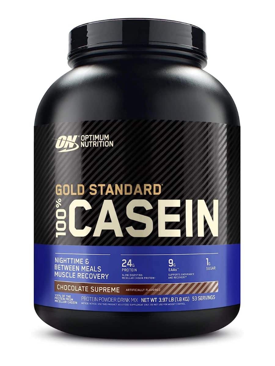 A large black container of Gold Standard Casein protein powder.