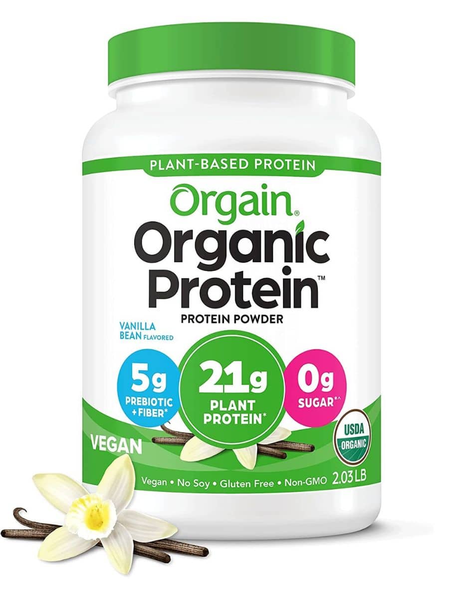 A large container of Orgain Organic protein powder with a green top.