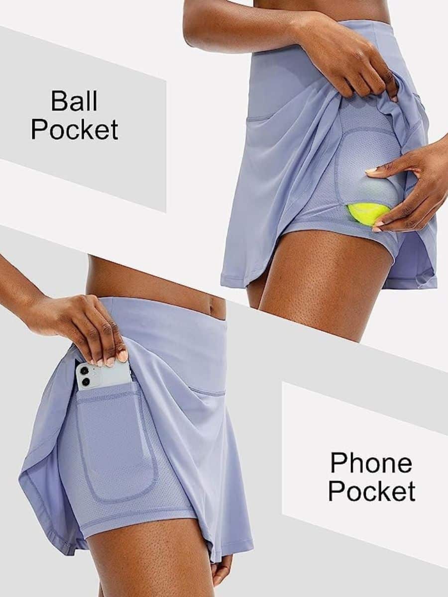 A lavender SATINY tennis skirt showing the ball pocket and phone pocket.