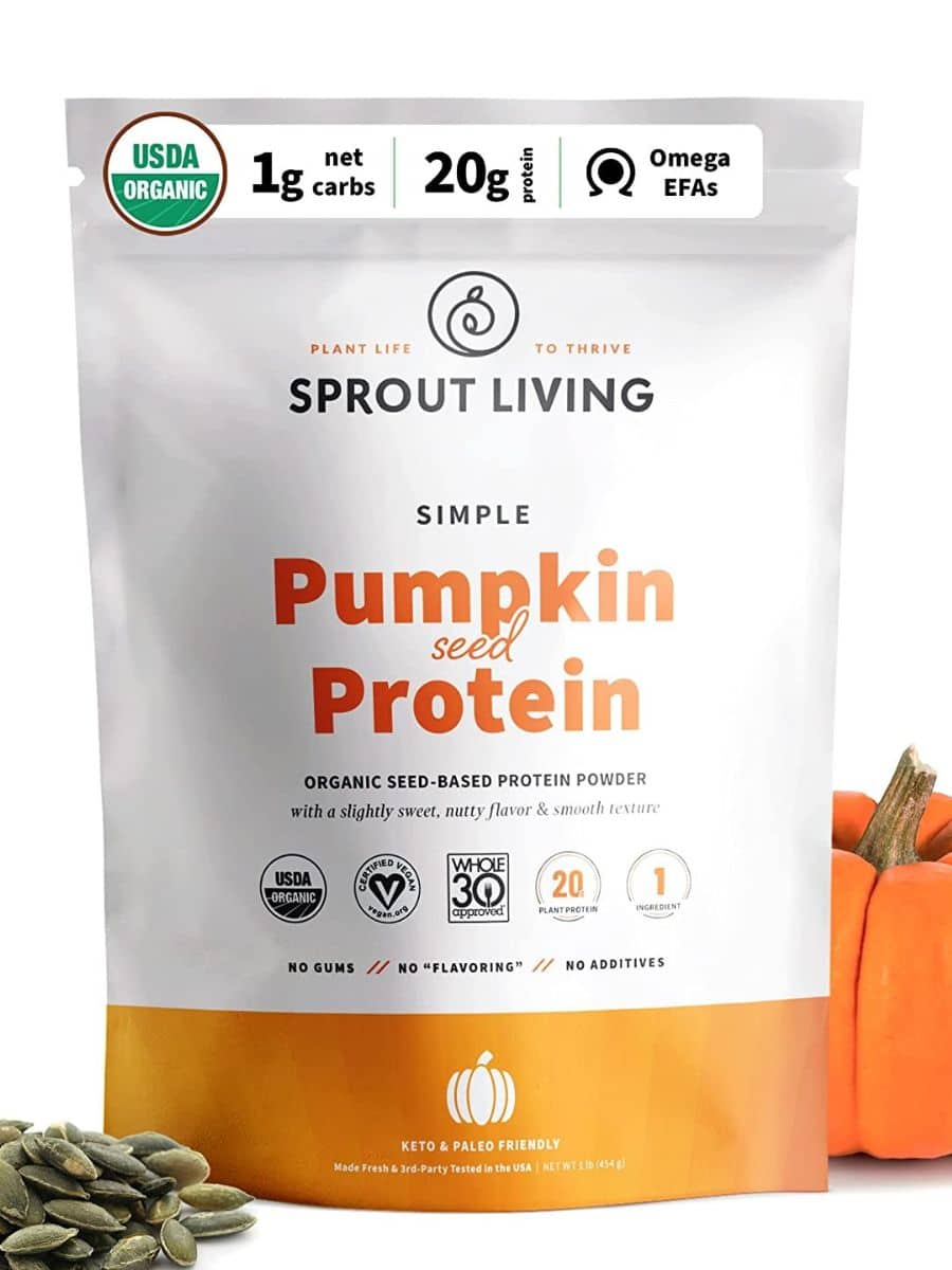 A large bag of Sproud Living Pumpkin Seed protein powder with an orange stripe at the bottom.