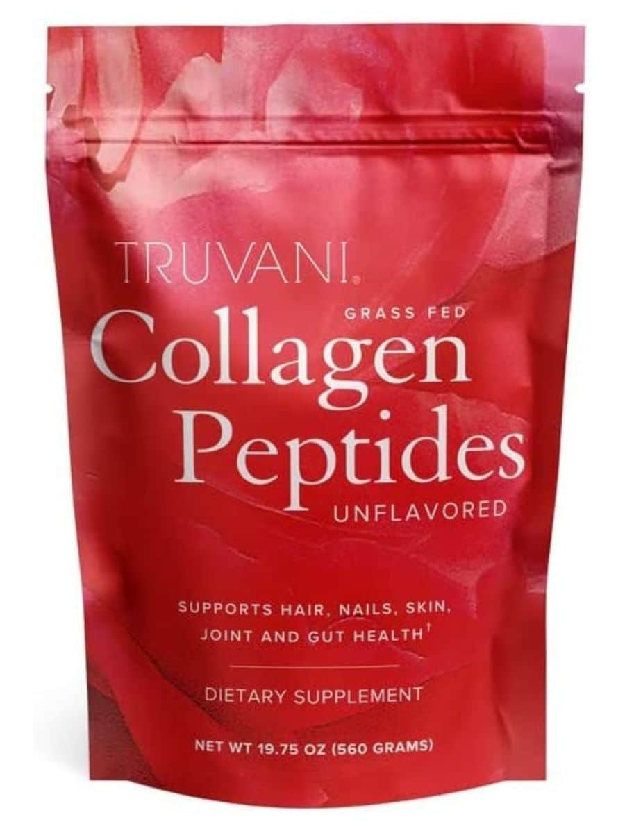 A large red bag of Truvani collagen peptides powder.