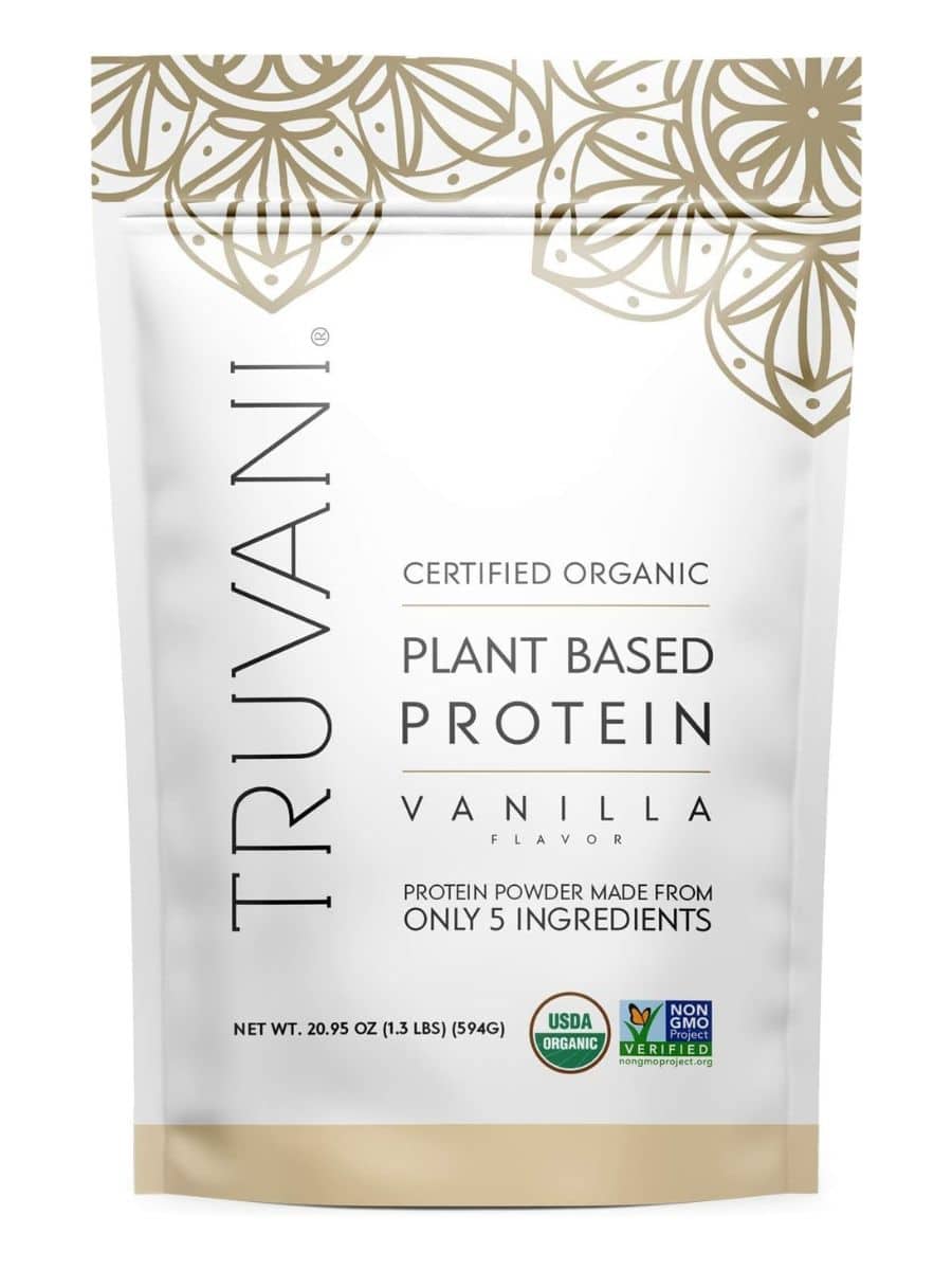 A large decorative bag of Truvani Plant-Based protein powder.