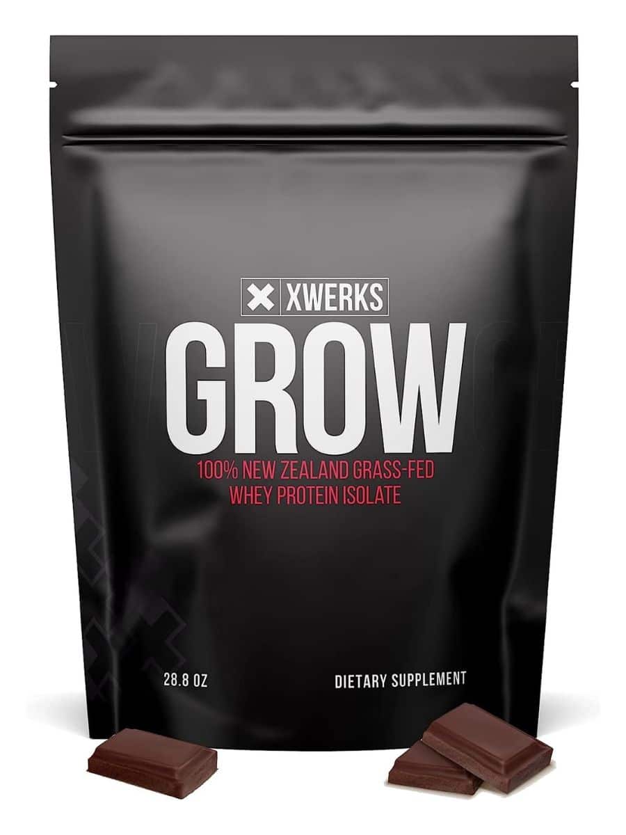 A large black bag of Xwerks Grow Grass Fed Whey protein powder.