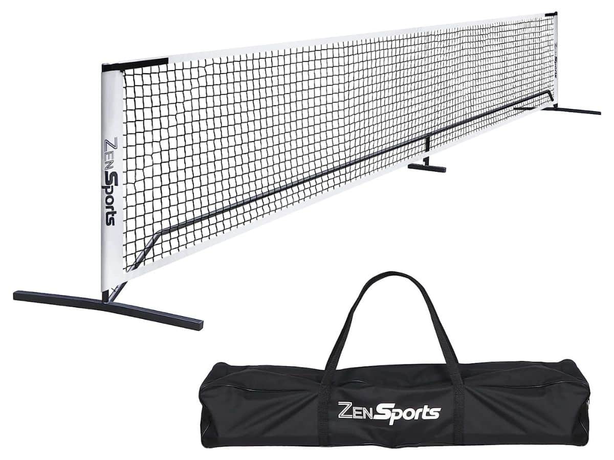 A white ZENY pickleball net with a black carrying case.