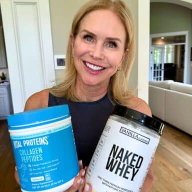 woman holding collagen protein vs whey protein