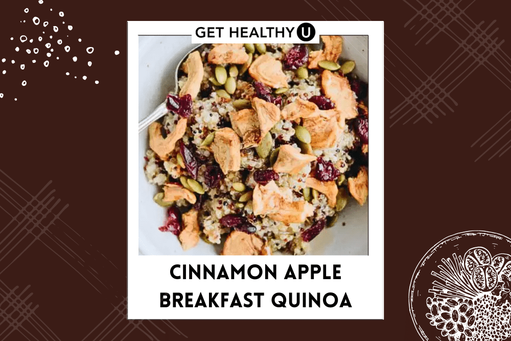 Cinnamon apple breakfast quinoa topped with dried apples.