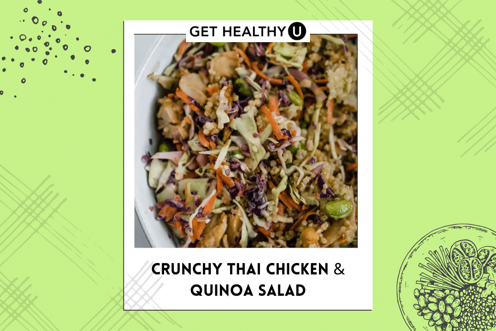 Crunchy thai chicken and quinoa salad with carrots, cabbage, and peanut sauce.