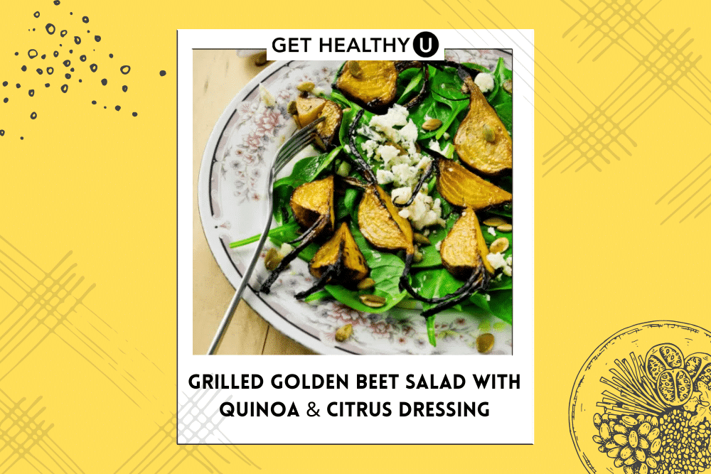 Grilled golden beet salad with quinoa and topped with citrus dressing.