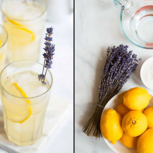 A glass of lavender lemonade next to its ingredients.
