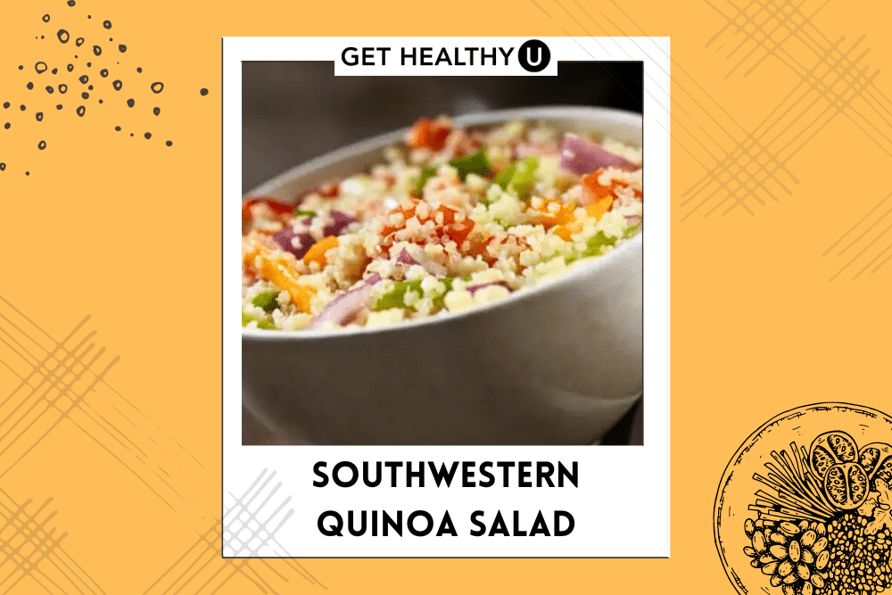 A colorful southwestern quinoa salad with tomatoes, onions and peppers.