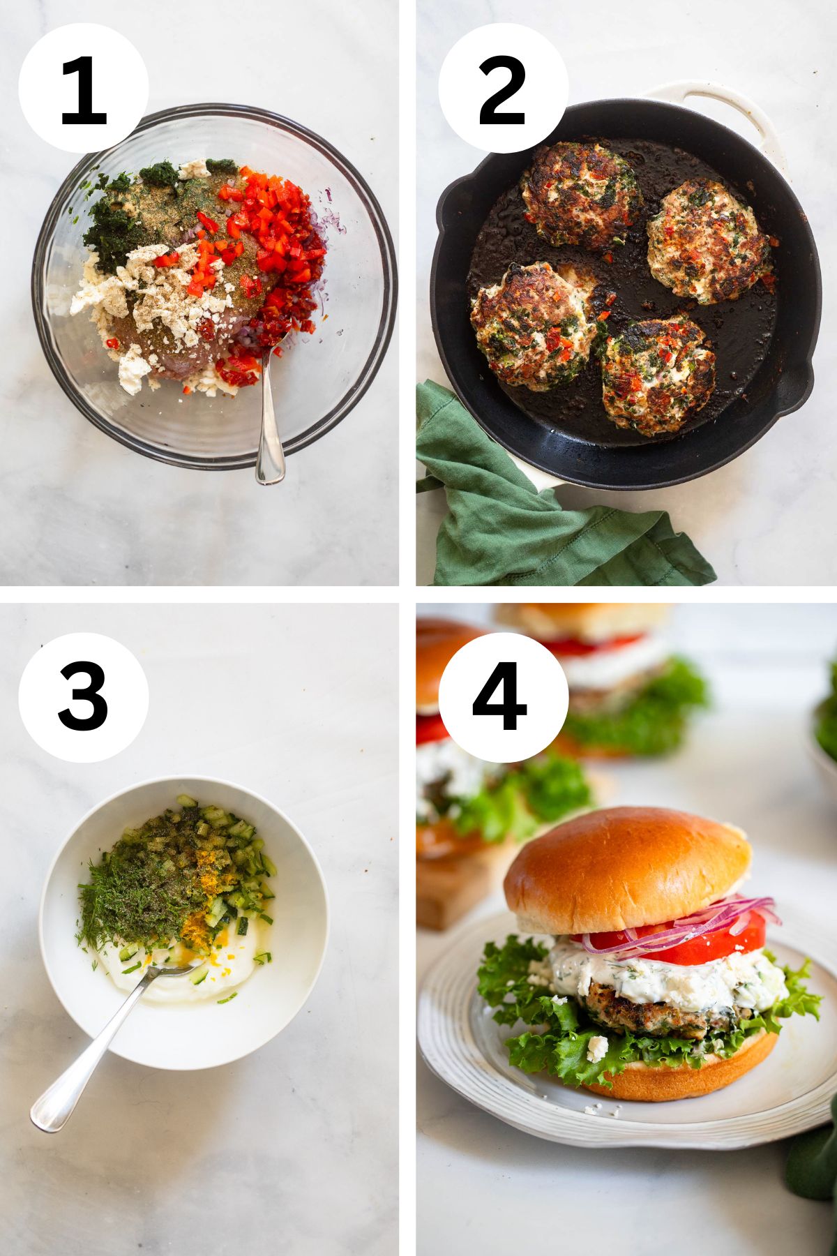 four image collage of process of making greek turkey burgers with tzatziki sauce on white counter