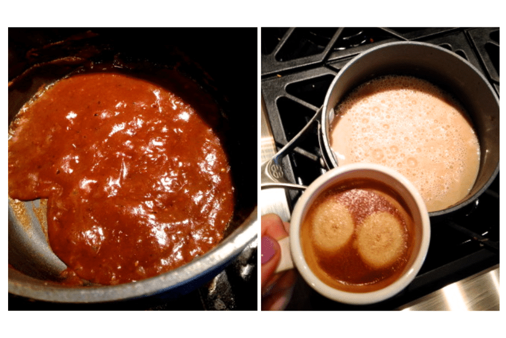 A pot of boiling canned pumpkin next to a pot of the pumpkin mixed with spices.