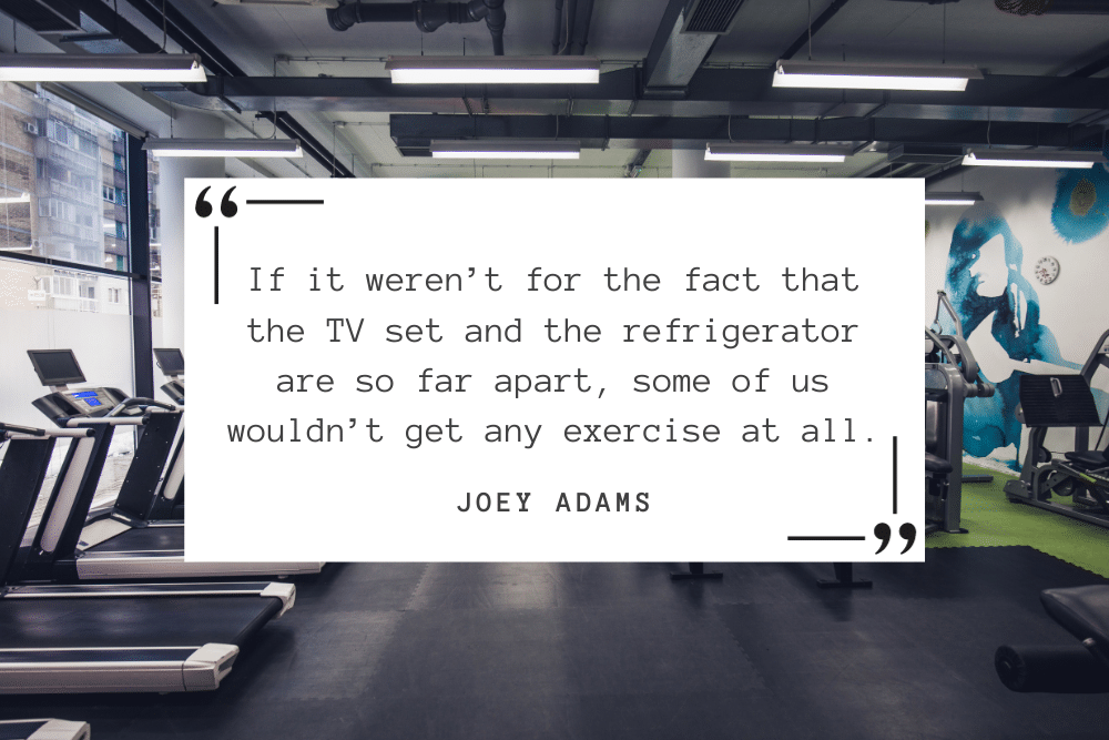A graphic displaying a humorous exercise quote from Joey Adams.