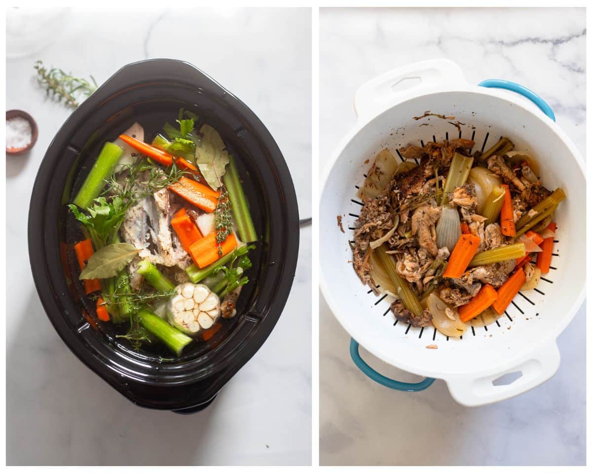 dual image of slow cooker chicken broth ingredients in slow cooker pot, and drained both on white countertop