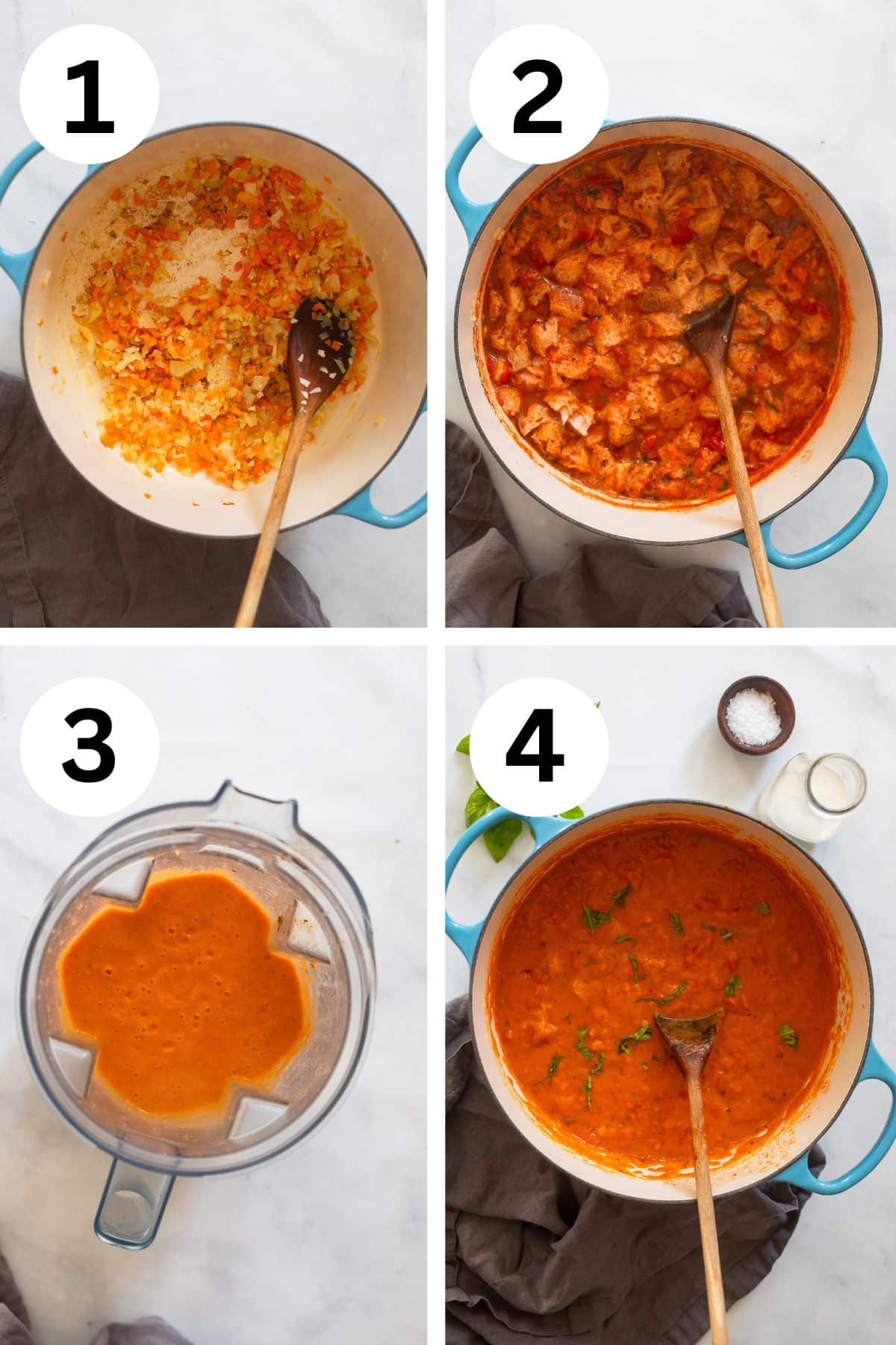 top view of four steps in tuscan tomato soup recipe process on white counter top