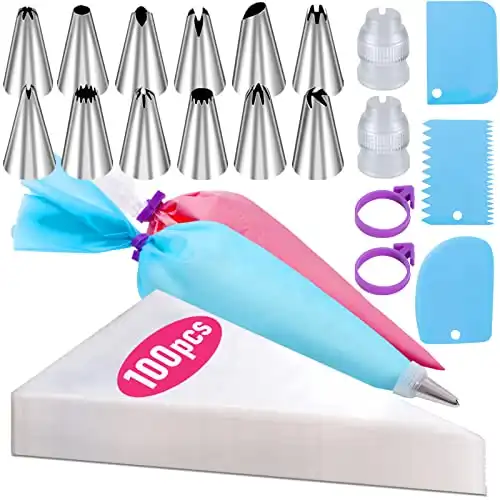 Piping Bags and Tips Set, 100Pcs 12 Inch Pastry Bags, Icing Bags Disposable for Cakes Decorating