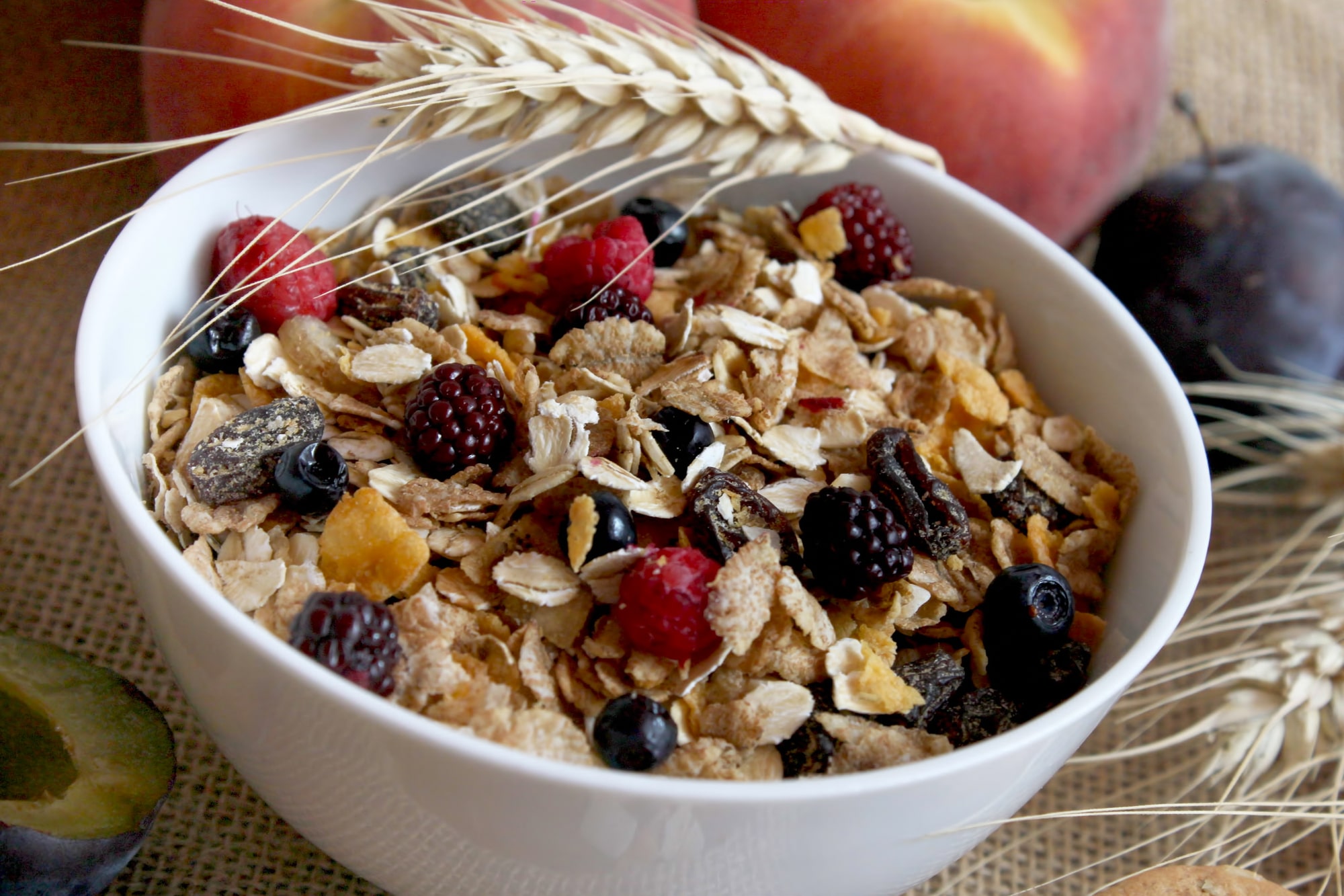 Bowl of oats with raisins and berry fruits.