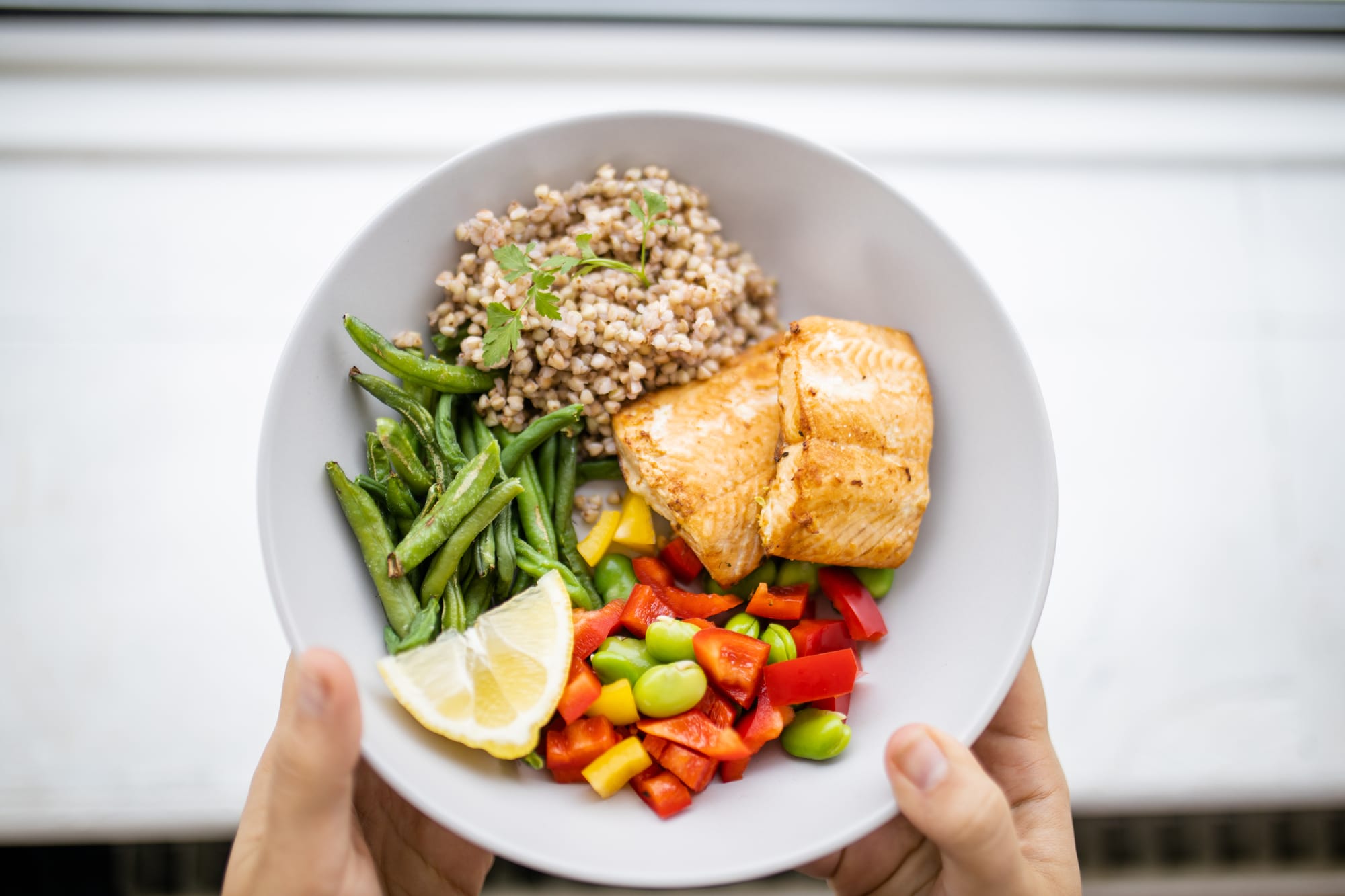 Overhead view of hands holding a plate with salmon, rice, green beans, broad beans, and tomato slices.