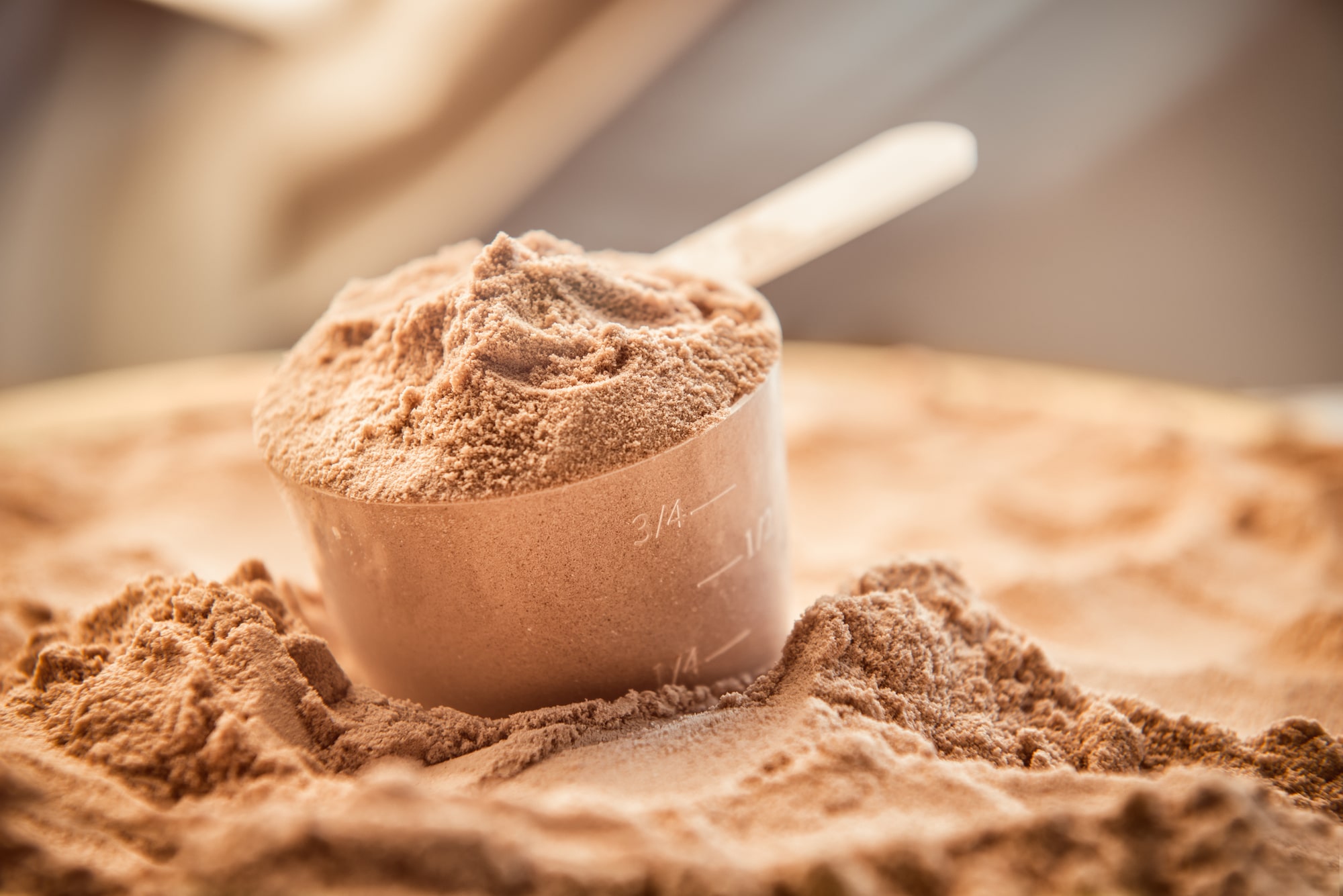 A scoop of brown whey protein powder.