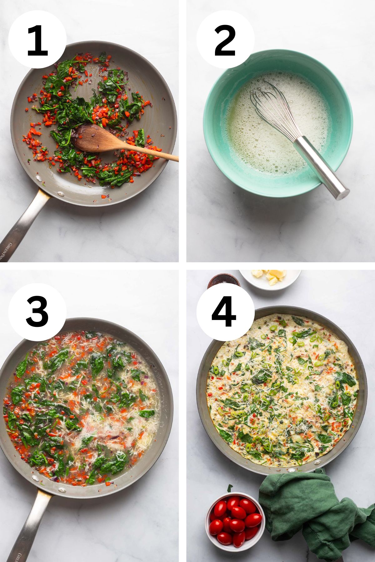 top view of 4 steps for making healthy vegetable frittata on white countertop