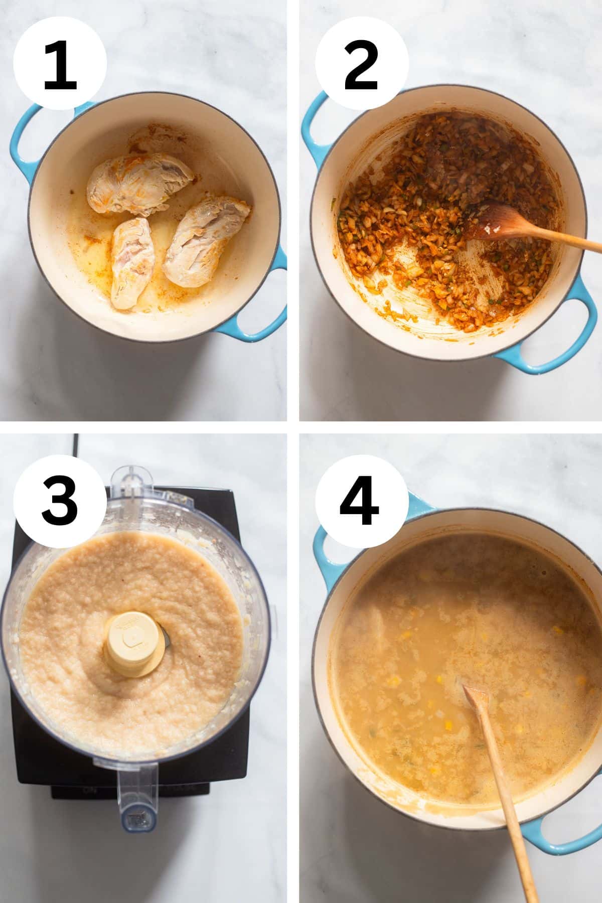 top view of 4 stages of making healthy white chicken chili on white countertop