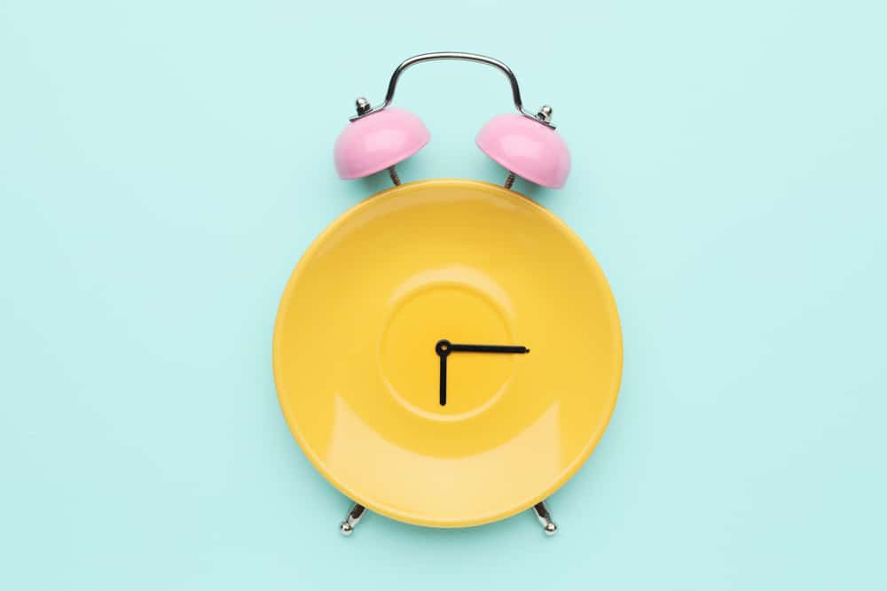 A plate turned into an alarm clock with bells and clock hands.