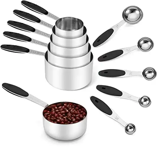 Joyhill Stainless Steel Measuring Cups and Spoons Set of 10 Piece, Nesting Metal Measuring Cups Set with Soft Touch Silicone Handles for Dry and Liquid Ingredients, Cooking & Baking (Black)