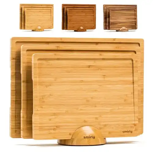 SMIRLY Bamboo Cutting Board Set - Wood Cutting Board Set with Holder, Large Wooden Cutting Boards For Kitchen