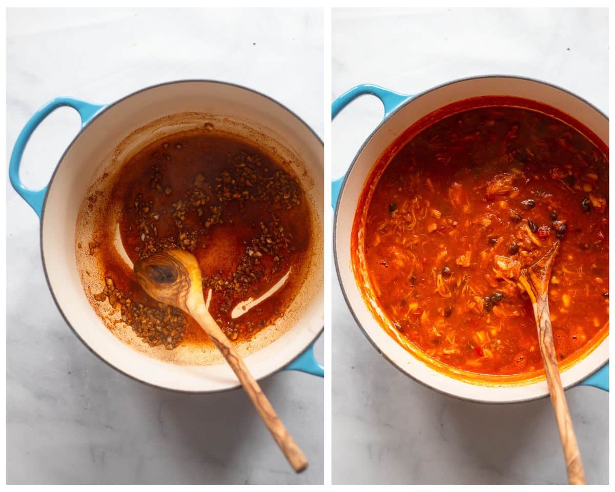 side by side photos of pan with spices and then mixed together for low cal southwestern chicken soup
