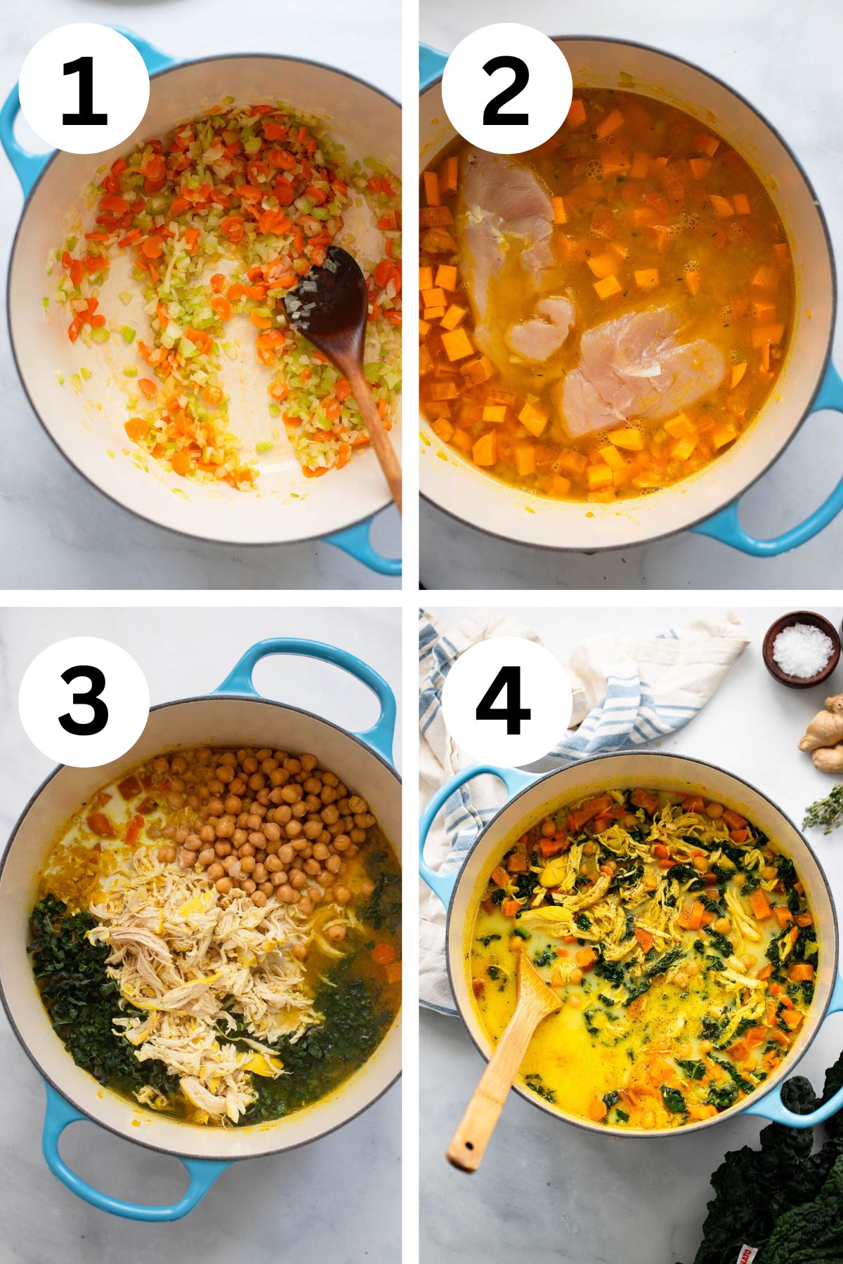 split image showing four different steps of preparing golden turmeric chicken soup