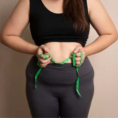 woman holding tape measuring over belly ready to do exercises to get rid of apron belly