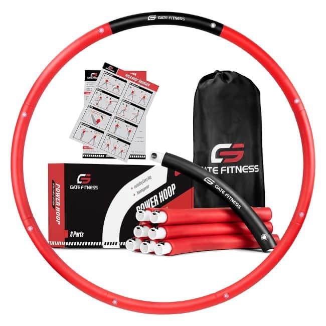 black and red weighted hula hoop with carrying case