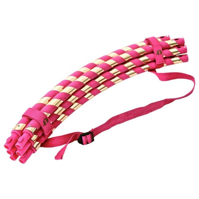 pink weighted hula hoop broken down in carrying straps