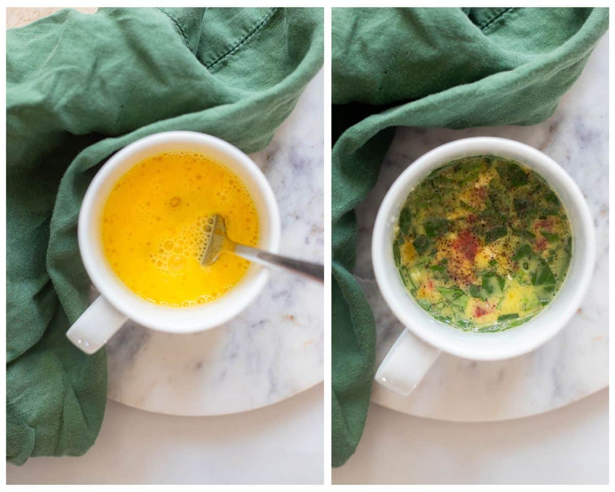 side by side overhead view of two mugs, one with raw egg mixture, and one with ingredients added for omelette