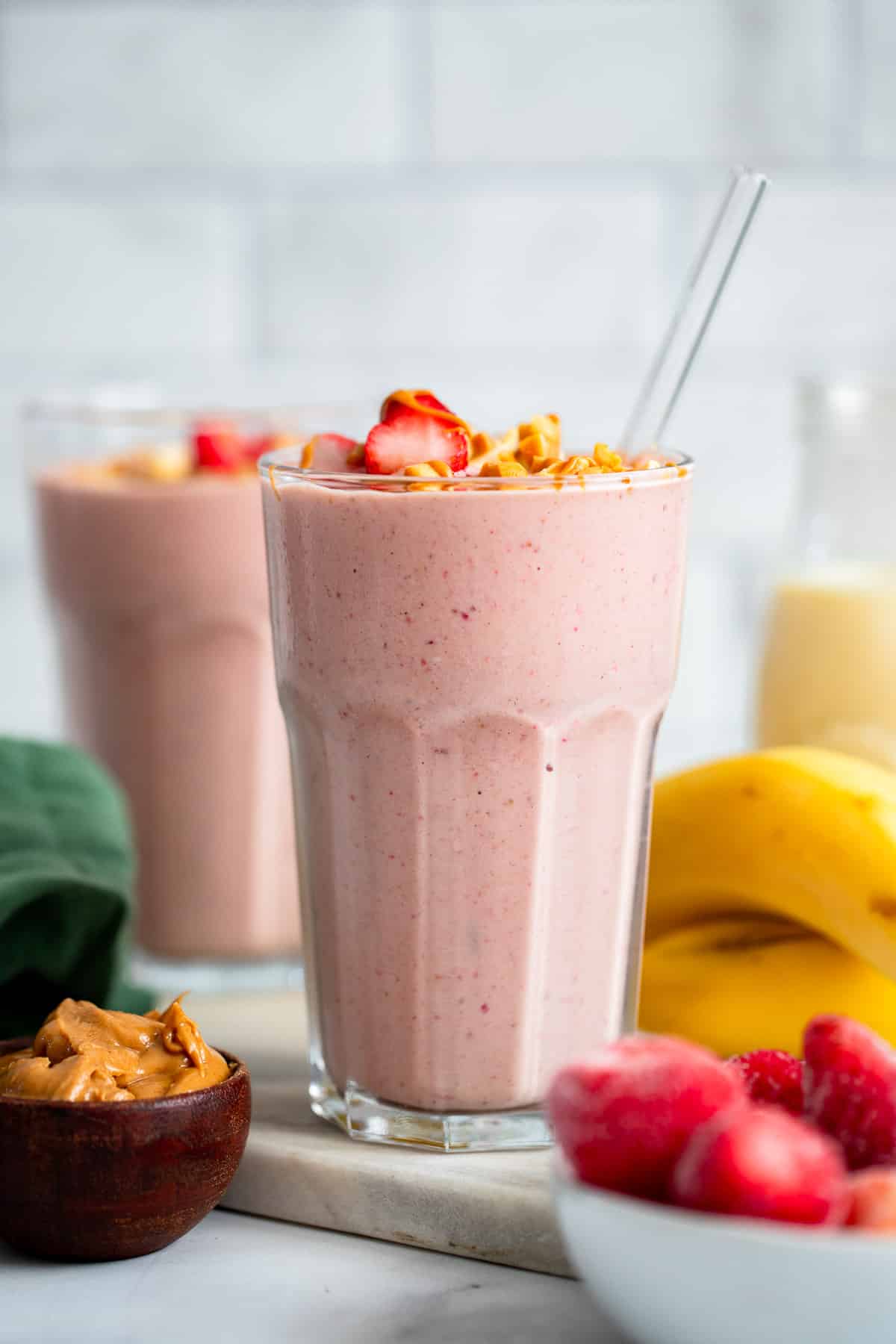 prepared healthy strawberry peanut butter smoothie ready to drink