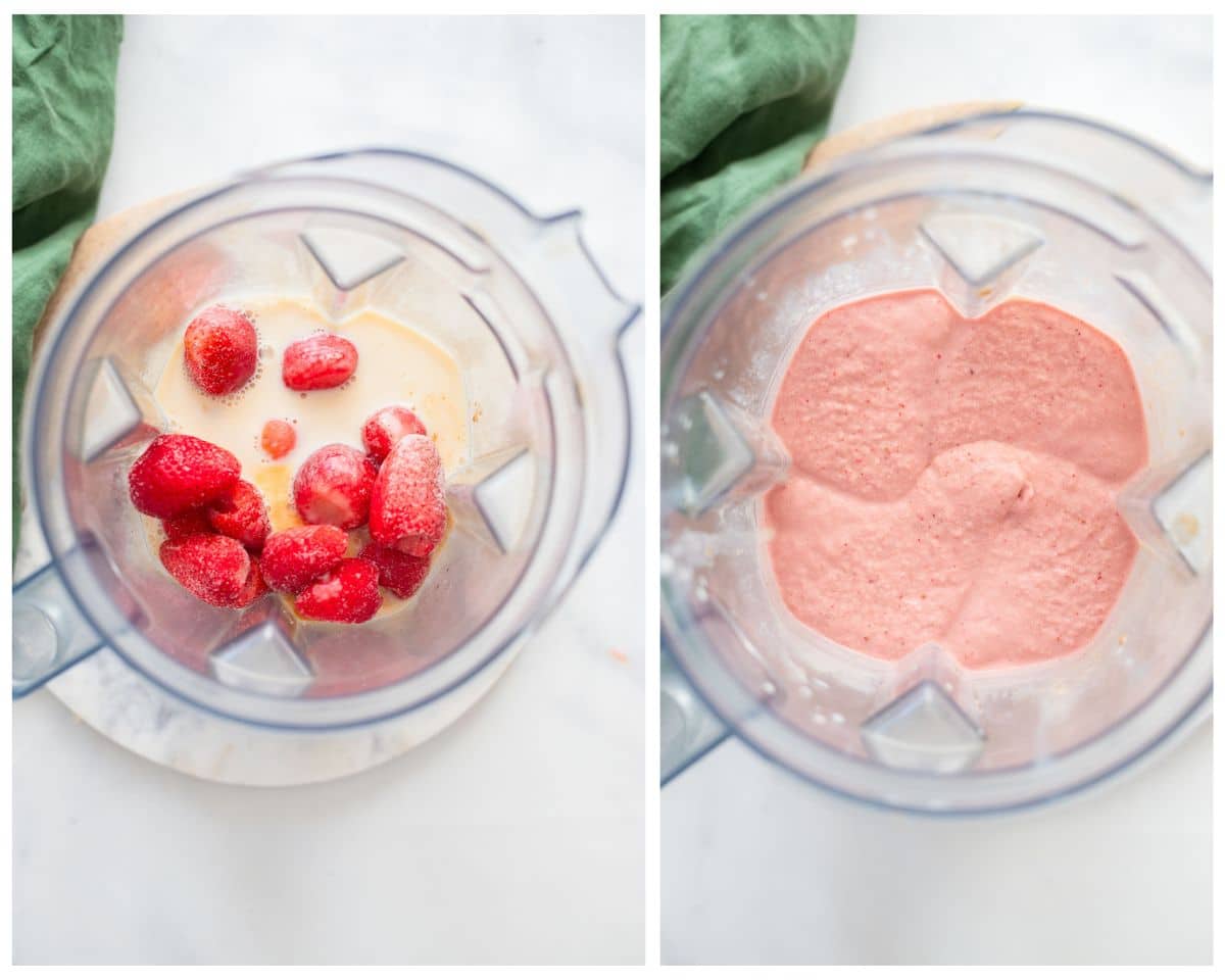 dual view of ingredients in blender for strawberry peanut butter smoothie before blended, and after blended