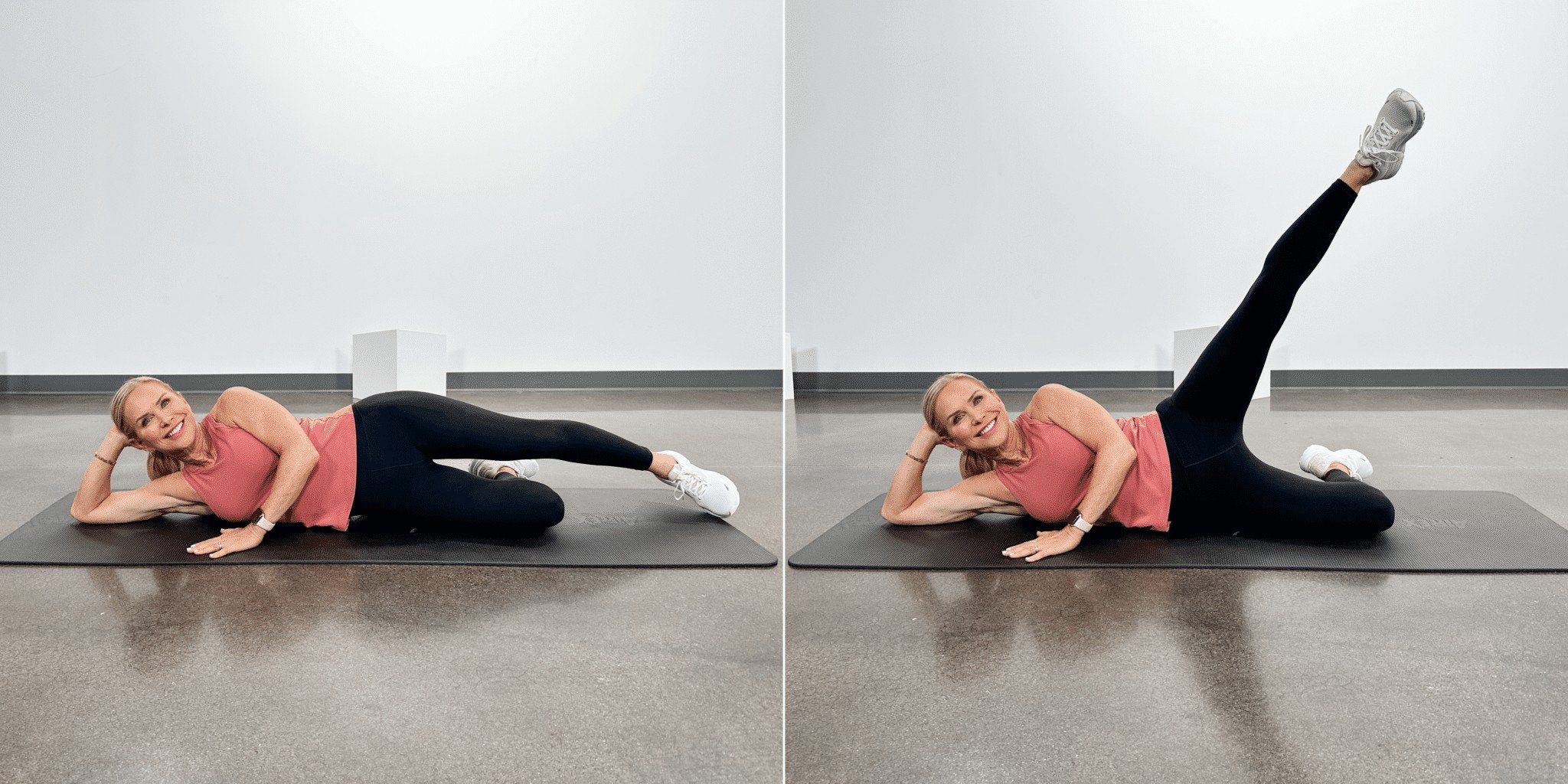 woman doing hip bursitis exercises lying side leg raise