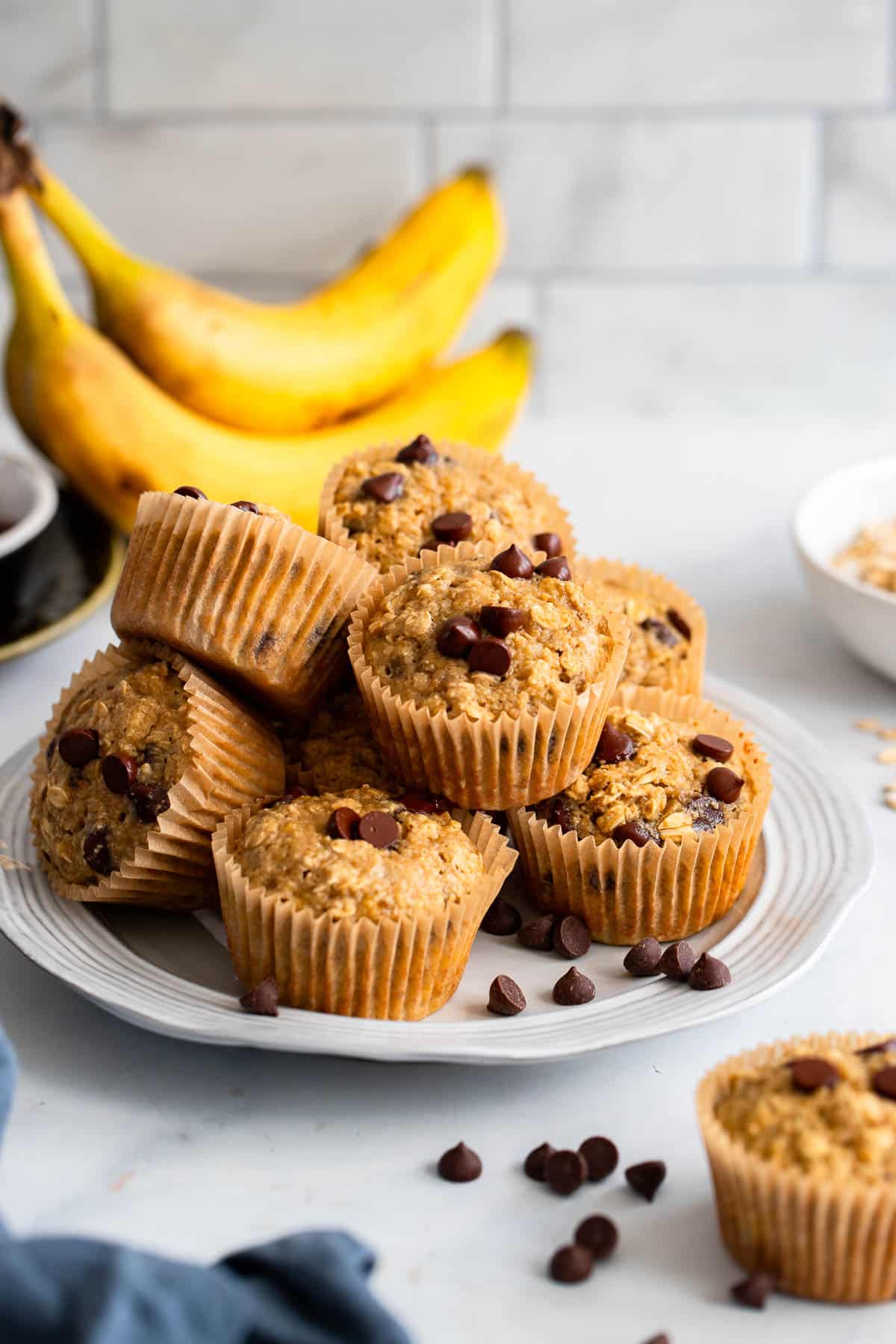 plate of healthy banana muffins with chocolate chips