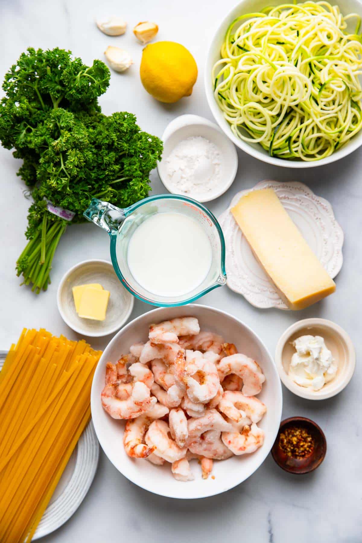 raw ingredients to make healthy shrimp alfredo recipe