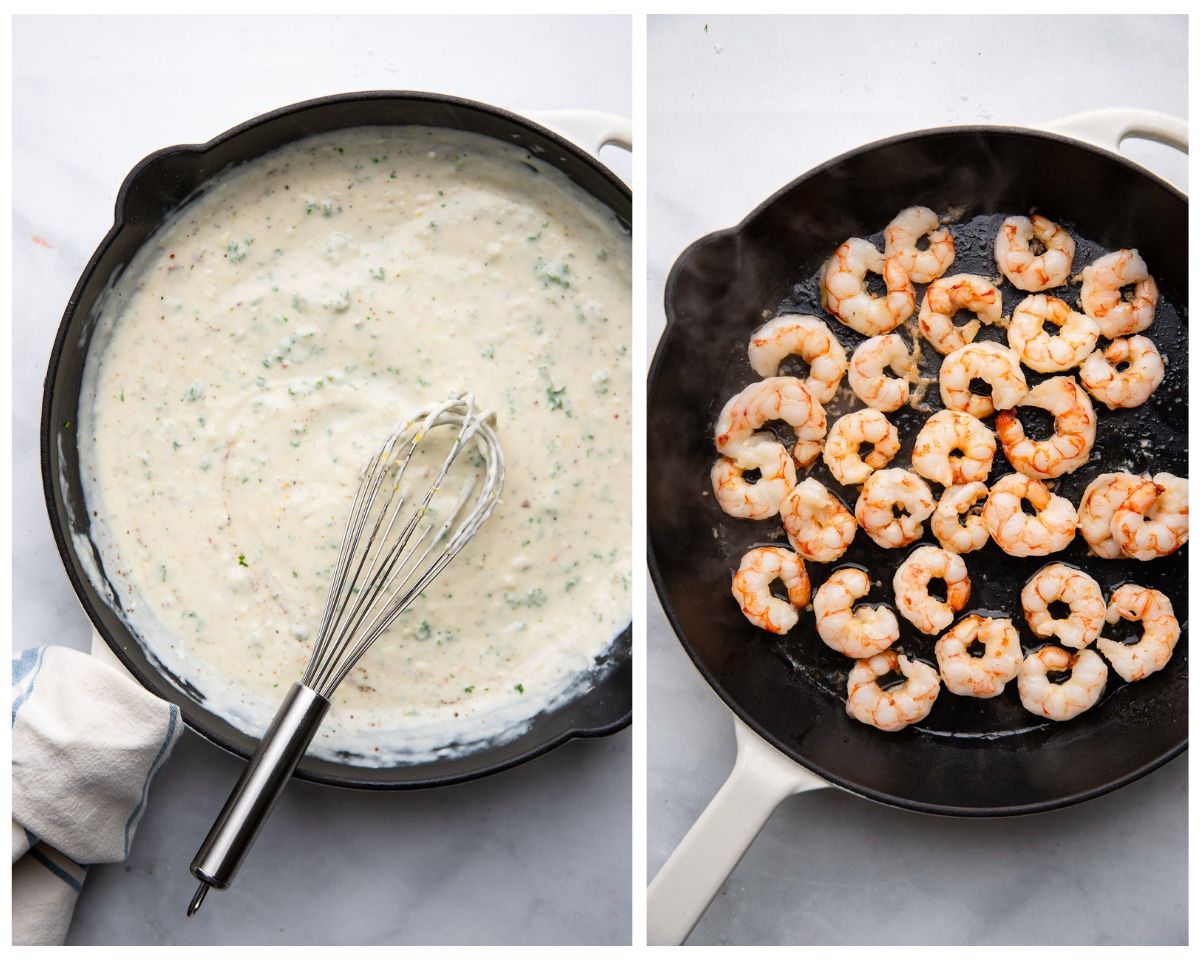 side by side view of preparing alfredo sauce and cooking raw shrimp in skillet for healthy shrimp alfredo