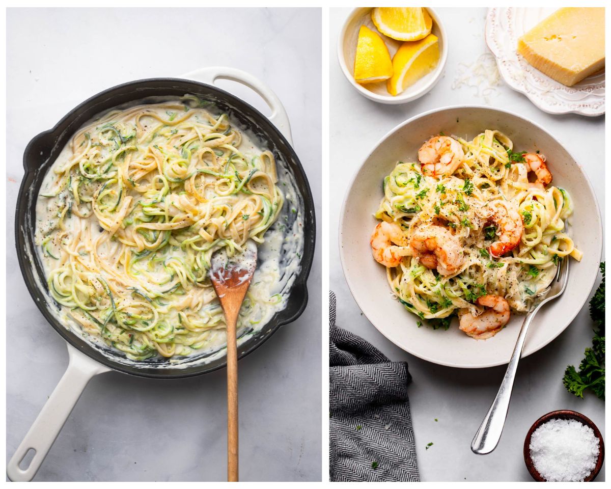 side by side view of cooking healthy shrimp alfredo in skillet, and then shown prepared in serving bowl