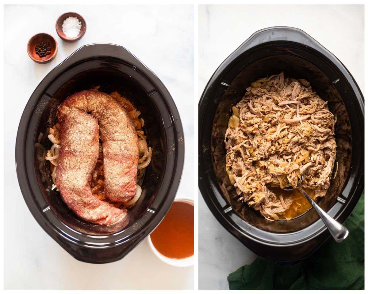 dual image of pulled pork in crock pot before and after cooking