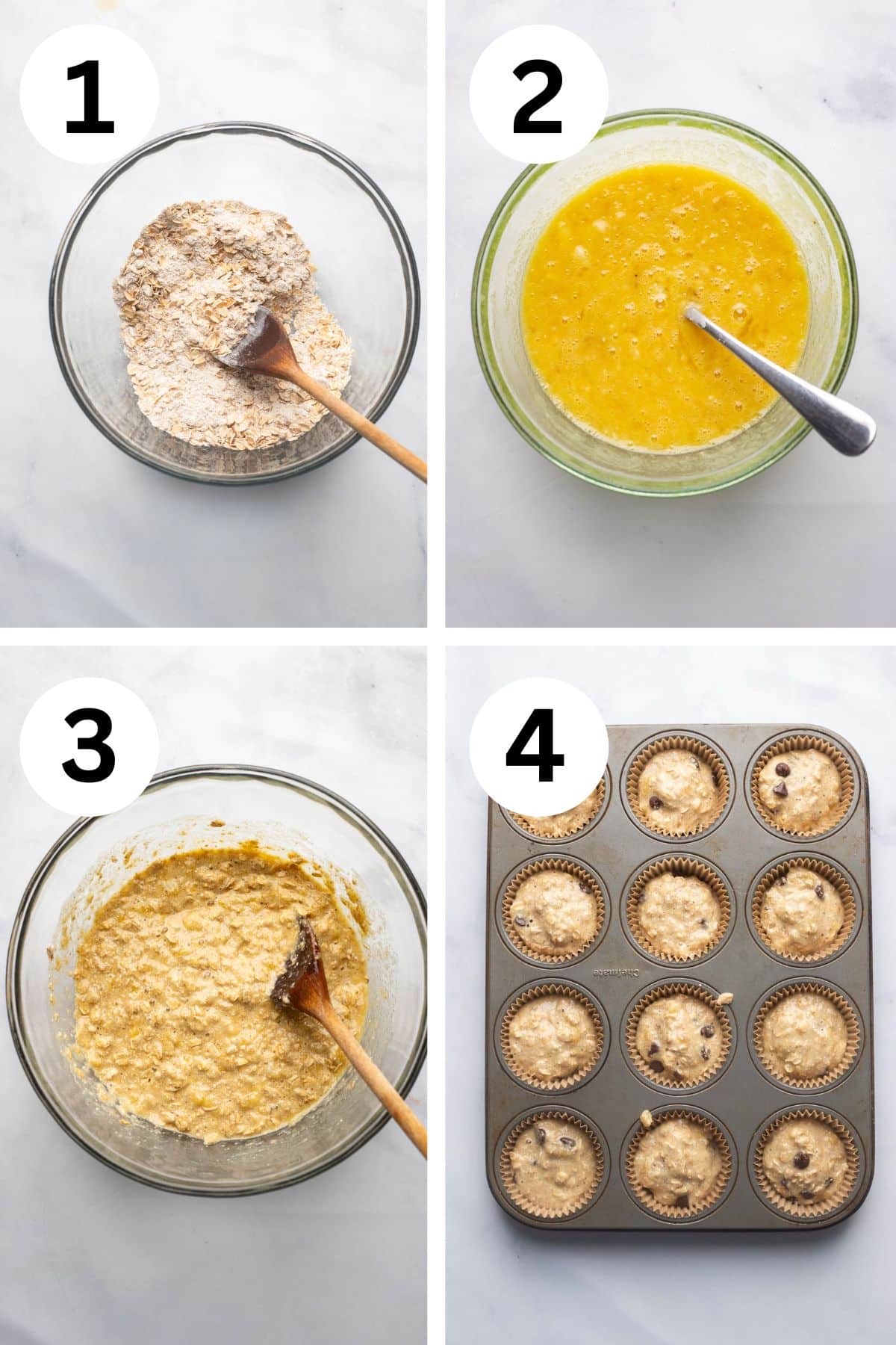 four images showing process of mixing ingredients and prepping banana muffins to bake